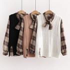 Set: Cable Knit Vest + Plaid Blouse