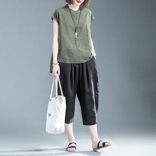 Set: Sleeveless Henley Blouse + Drawstring Wide Leg Pants