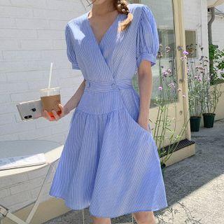 Puff-sleeve Band-waist Stripe Dress