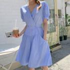 Puff-sleeve Band-waist Stripe Dress