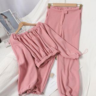 Set: Off-shoulder Pullover + Drawstring-cuff Wide-leg Pants