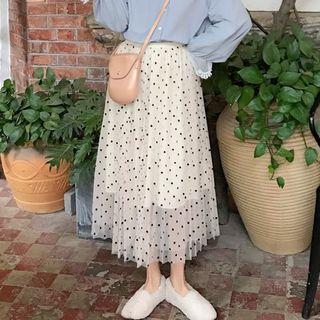 Lace Panel Shirt / Dotted Midi A-line Skirt