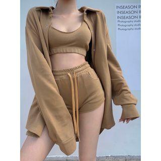Long-sleeve Plain Loose-fit Light Jacket / Cropped Tank Top / Plain Slim-fit Shorts