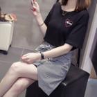 Set: Short-sleeve Embroidered T-shirt Dress + Plaid A-line Skirt