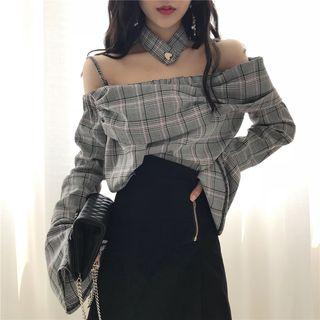 Check Off-shoulder Top Black - One Size