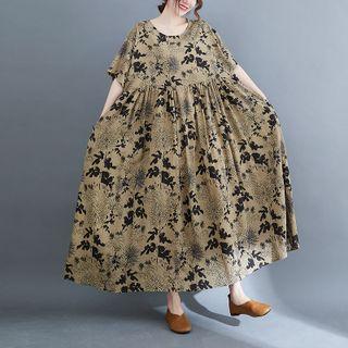 Short-sleeve Maxi A-line Dress Black Printed - Coffee - One Size