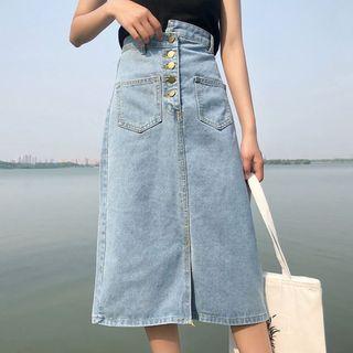 Denim Buttoned Midi A-line Skirt