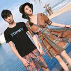 Couple Matching V-neck Printed Short-sleeve Dress / Crew-neck Short-sleeve T-shirt / Printed Shorts