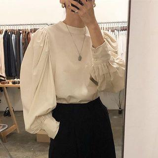 Puff-sleeve Ruffled Plain Blouse Almond - One Size