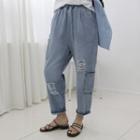 Band-waist Distressed Baggy Jeans Blue - One Size
