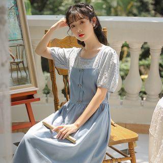 Set: Short-sleeve Plaid Top + Spaghetti Strap Dress