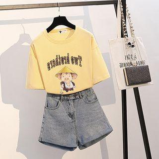 Short-sleeve Pig Print T-shirt / Denim Shorts / Set