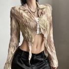 Long-sleeve Collar Distressed Slit Crop Top