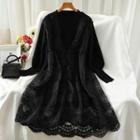 Set: Lace Sleeveless Midi A-line Dress + Knit Long-sleeve Dress Black - One Size