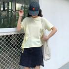 Lace Up Short-sleeve T-shirt / Frayed Hem Denim Skirt