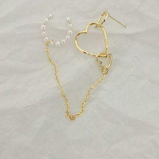 Faux Pearl Hollow Heart Chained Earring 1 Pair - Gold - One Size