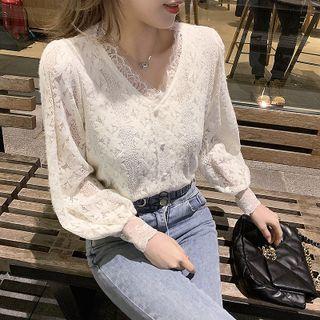 Long-sleeve V-neck Button-up Lace Blouse