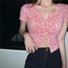 Leopard Print Short-sleeve Button Cropped T-shirt As Shown In Figure - One Size