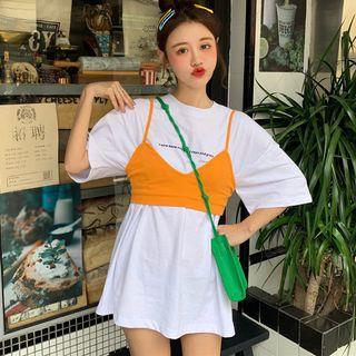 3/4-sleeve T-shirt / Spaghetti Strap Cropped Top