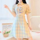 Plaid Mandarin Collar Short-sleeve Mini A-line Dress