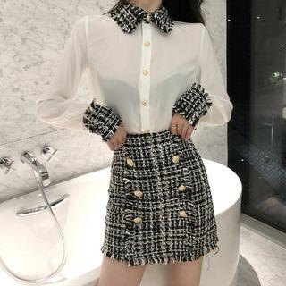 Plaid Panel Shirt / Tweed Pencil Skirt