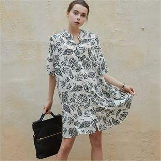 Dolman-sleeve Foliage Midi Shirtdress