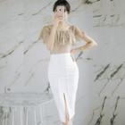 Set: Lace Off Shoulder Short Sleeve Top + Slit Hem Midi Skirt