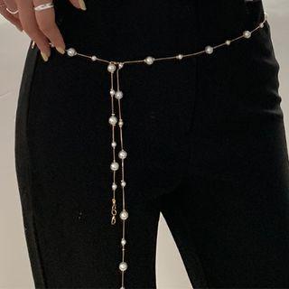 Faux Pearl Chain Belt Gold & White - One Size