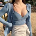 Set : Deep V-neck Cropped Camisole + Long-sleeve Button-up Cardigan Blue - One Size