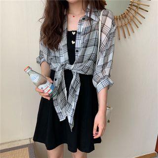 Tie-front Plaid Light Shirt / Summer-knit Sleeveless Dress