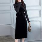 Set: Long-sleeve Knit Top + Strappy Velvet Midi Dress