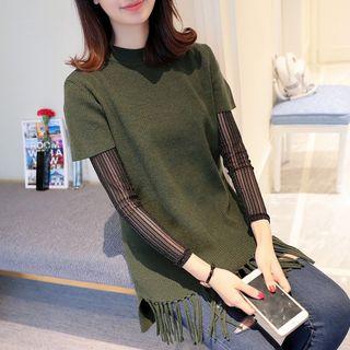 Set: Long-sleeve Top + Fringe Hem Short-sleeve Knit Top