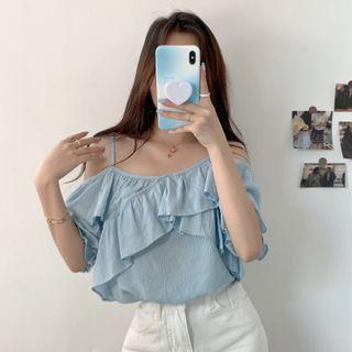 Spaghetti Strap Off-shoulder Crisscross Ruffle Trim Top