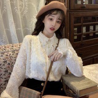 Puff-sleeve Fringed Lace Blouse Off-white - One Size