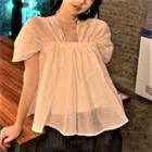 Short-sleeve Ruffled Sheer Top Off-white - One Size