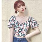 Puff-sleeve Cherry Printed Buttoned Cropped Top