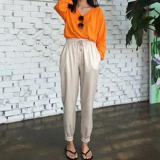 Drawstring-waist Banded-hem Pants