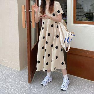 Dotted Short-sleeve Dress As Figure - One Size