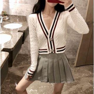 Contrast Trim Cable-knit Cardigan / Mini Pleated Skirt