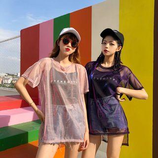 Set: Short-sleeve Mesh Top + Lettering Camisole Top