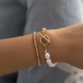 Set Of 2: Faux Pearl Panel Bracelet + Beaded Bracelet
