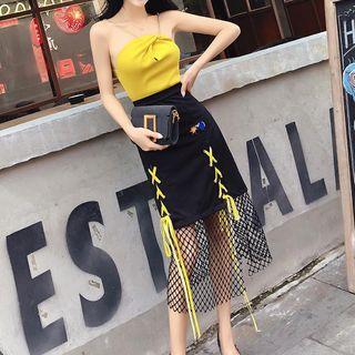 Set: Chain Strap Knit Top + Fishnet Panel Midi Fitted Skirt