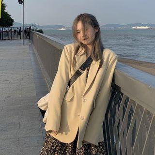 Long-sleeve Floral Midi A-line Dress / Plain Blazer