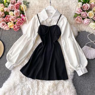 Set: Long Sleeve Crop Shirt + Spaghetti Strap Mini Dress