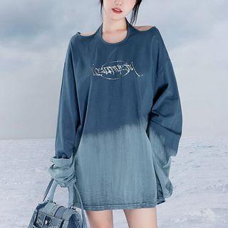 Long-sleeve Halter Cold-shoulder Lettering T-shirt Navy Blue - One Size