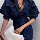 Set: Denim Long-sleeve Blouse + Denim Mini A-line Skirt