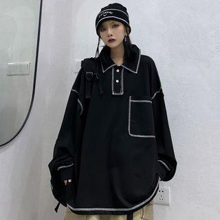 Long Sleeve Contrast Line Polo Shirt