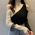 Long-sleeve Two-tone Cold-shoulder Knit Top