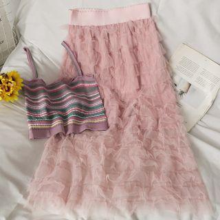 Set: Striped Cropped Camisole Top + Layered Midi Skirt