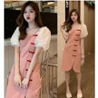 Puff-sleeve Mesh Paneled Plaid Frog Buttoned Dress